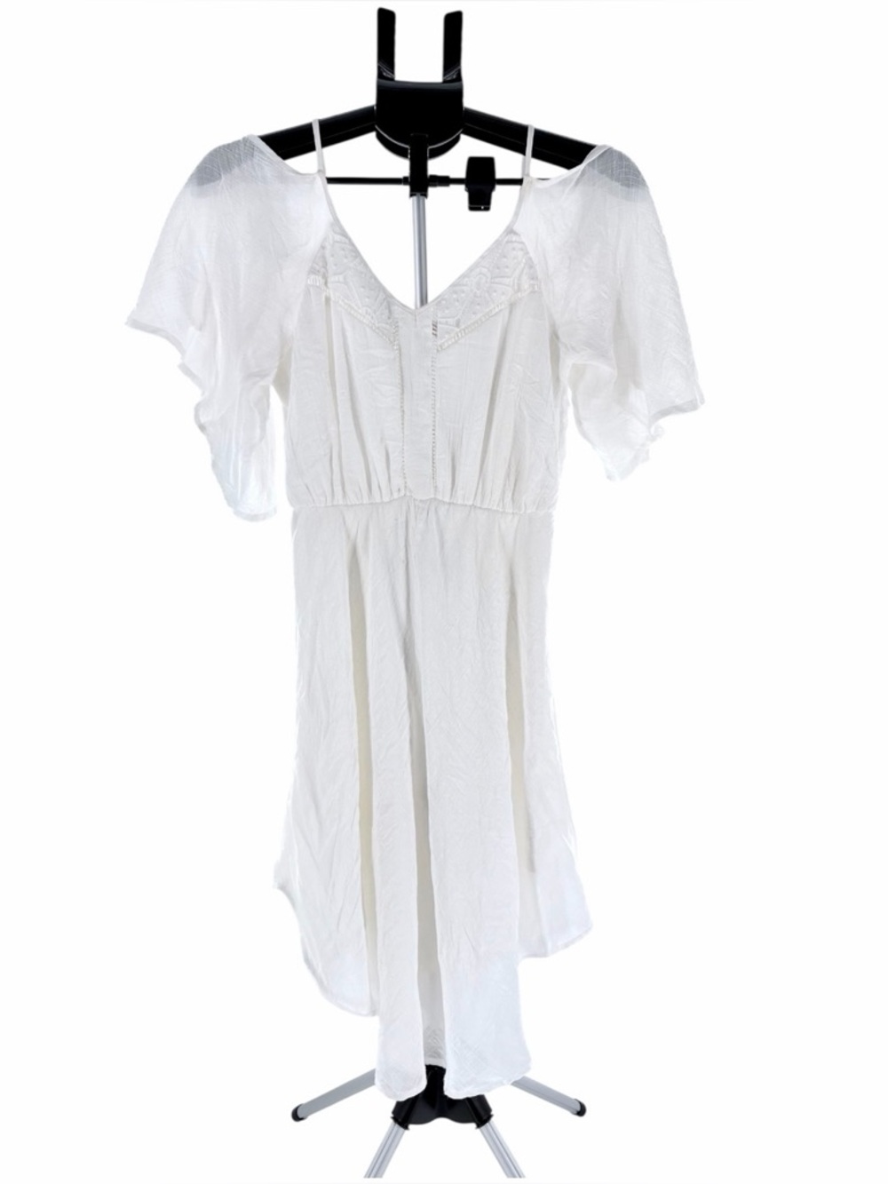 GB White Cold Shoulder Boho Dress Flowy Crochet Trim Summer Mini Dress Small